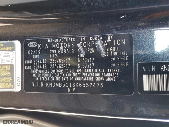 2019 Kia Sedona LX with VIN KNDMB5C13K6552475, listed as a Copart auction lot 44444005 with NaN miles and Salvage Title. Bid and sale history available at carsss.com. Image 15.