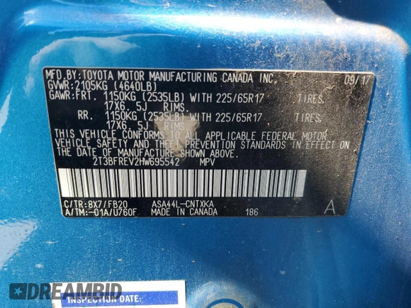 2017 Toyota RAV4 LE with VIN 2T3BFREV2HW695542, listed as a Copart auction lot 48285145 with 133,793 mi miles and Salvage Title. Bid and sale history available at DreamBid. Image 14.