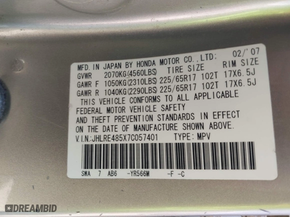 2007 Honda CR-V EX with VIN JHLRE485X7C057401, listed as a IAAI auction lot 42087871 with 120,037 mi miles. Bid and sale history available at carsss.com. Image 9.