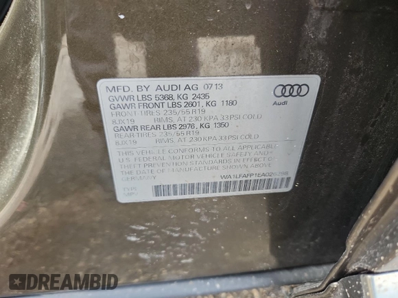 2014 Audi Q5 Premium Plus with VIN WA1LFAFP1EA026298, listed as a Copart auction lot 61729075 with 124,165 mi miles and Non repairable. Bid and sale history available at DreamBid. Image 14.