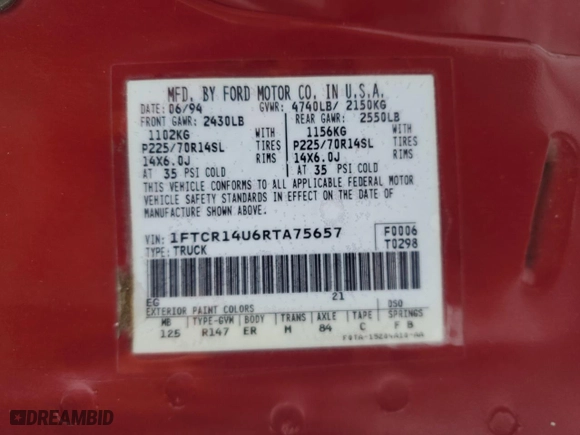 1994 Ford Ranger Splash with VIN 1FTCR14U6RTA75657, listed as a Copart auction lot 87483104 with 135,795 mi miles and Salvage Title. Bid and sale history available at carsss.com. Image 14.