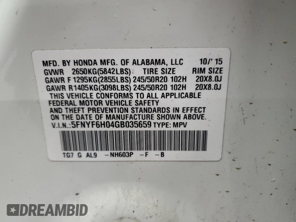 2016 Honda Pilot Elite with VIN 5FNYF6H04GB035659, listed as a Copart auction lot 50888755 with 0 mi miles and Salvage Title. Bid and sale history available at carsss.com. Image 13.