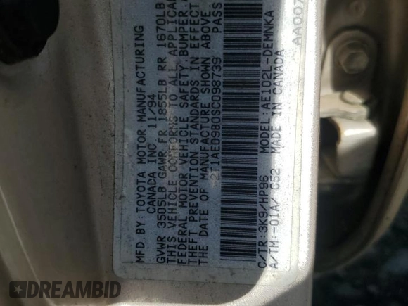 1995 Toyota Corolla DX with VIN 2T1AE09B0SC098739, listed as a Copart auction lot 57653205 with 154,226 mi miles and Salvage title. Bid and sale history available at DreamBid. Image 12.