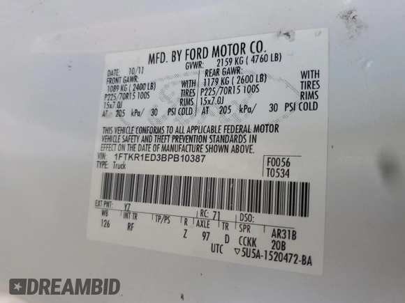 2011 Ford Ranger XL with VIN 1FTKR1ED3BPB10387, listed as a Copart auction lot 56560025 with Not provided miles and Clean title. Bid and sale history available at DreamBid. Image 12.