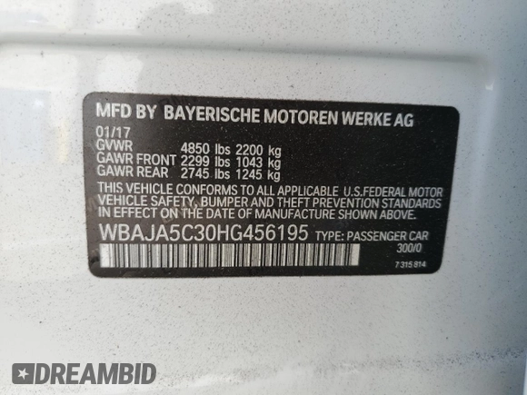 2017 BMW 5 Series 530i with VIN WBAJA5C30HG456195, listed as a Copart auction lot 86887954 with Not provided miles and Salvage title. Bid and sale history available at DreamBid. Image 12.