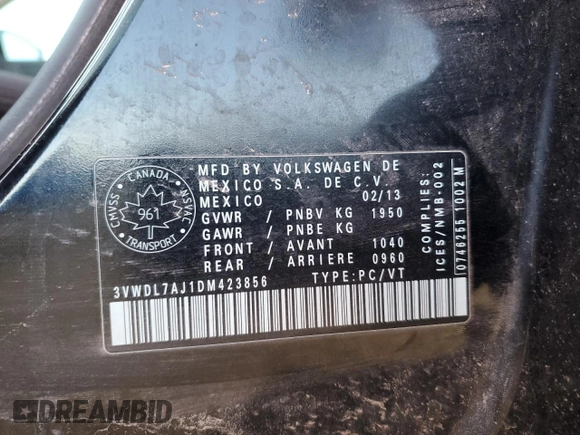 2013 Volkswagen Jetta Comfortline with VIN 3VWDL7AJ1DM423856, listed as a Copart auction lot 48289795 with 240,599 mi miles and Salvage title. Bid and sale history available at DreamBid. Image 12.
