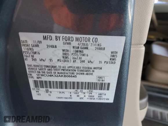 2010 Ford Escape Hybrid with VIN 1FMCU4K32AKB06645, listed as a Copart auction lot 63124055 with 162,646 mi miles and Salvage title. Bid and sale history available at DreamBid. Image 13.