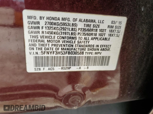2015 Honda Pilot EX-L z VIN 5FNYF3H53FB030588, wystawiony jako Copart lot #84428534 z przebiegiem 204 831 mil mil oraz Szkoda całkowita • Salvage title. Historia ofert i sprzedaży dostępna na DreamBid. Obrazek 15.