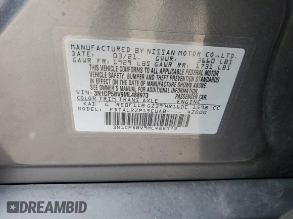 2021 Nissan Kicks S z VIN 3N1CP5BV9ML488973, wystawiony jako Copart lot #49026305 z przebiegiem 74 329 mil mil oraz Szkoda całkowita • Salvage title. Historia ofert i sprzedaży dostępna na DreamBid. Obrazek 16.