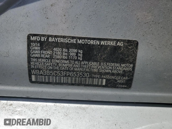 2015 BMW 3 Series 328i xDrive с VIN WBA3B5C53FP653530, выставлен на аукционе Copart как лот 61859315 с пробегом 92 041 миль миль и Списание • Salvage title. История ставок и продаж доступна на DreamBid. Изображение 12.