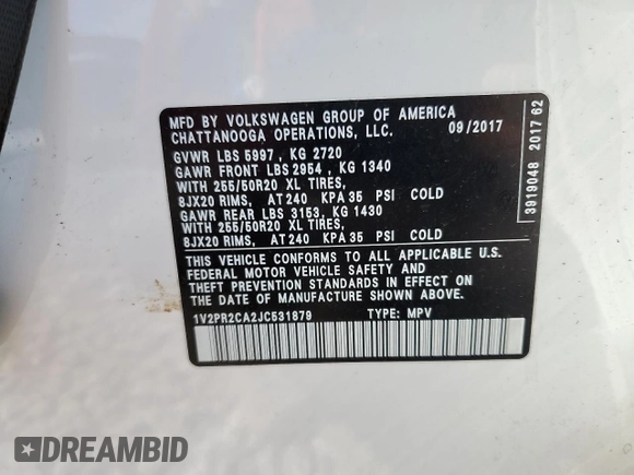 2018 Volkswagen Atlas SE with VIN 1V2PR2CA2JC531879, listed as a Copart auction lot 48014515 with 333,333 mi miles and Clean title. Bid and sale history available at DreamBid. Image 14.