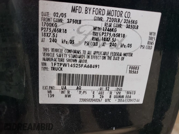 2005 Ford F-150 XLT z VIN 1FTPW14525FA68491, wystawiony jako Copart lot #58263765 z przebiegiem 270 091 mil mil oraz Szkoda całkowita • Salvage title. Historia ofert i sprzedaży dostępna na DreamBid. Obrazek 12.