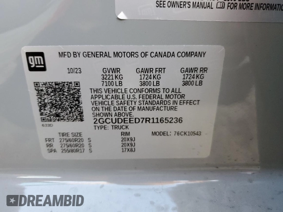 2024 Chevrolet Silverado 1500 RST with VIN 2GCUDEED7R1165236, listed as a Copart auction lot 50582385 with 7,333 mi miles and Salvage Title. Bid and sale history available at DreamBid. Image 15.