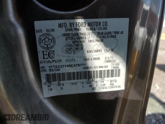 2009 Ford F-250 XL with VIN 1FTSX21Y49EA78771, listed as a Copart auction lot 72080524 with 200,183 mi miles and Salvage title. Bid and sale history available at DreamBid. Image 13.