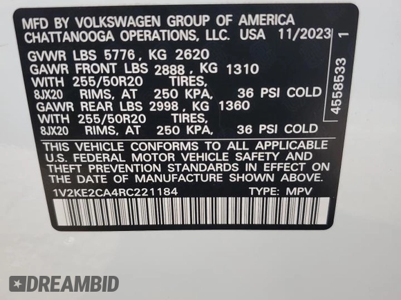 2024 Volkswagen Atlas SE с VIN 1V2KE2CA4RC221184, выставлен на аукционе Copart как лот 55039245 с пробегом 13 192 миль миль и Списание • Salvage title. История ставок и продаж доступна на DreamBid. Изображение 13.