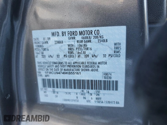 2009 Ford Escape Limited with VIN 1FMCU94749KB55161, listed as a Copart auction lot 41877015 with 178,663 mi miles and Salvage title. Bid and sale history available at DreamBid. Image 13.