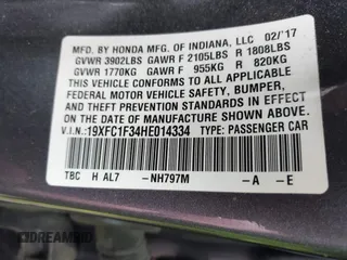 2017 Honda Civic EX-T with VIN 19XFC1F34HE014334, listed as a IAAI auction lot 42009311 with 124,717 mi miles. Bid and sale history available at carsss.com. Image 9.