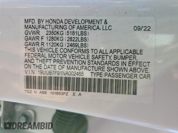 2022 Acura TLX Type S w/Performance Tire with VIN 19UUB7F91NA002465, listed as a Copart auction lot 68217054 with 18,968 mi miles and Salvage Title. Bid and sale history available at carsss.com. Image 14.