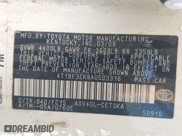 2010 Toyota Camry with VIN 4T1BF3EK8AU503316, listed as a IAAI auction lot 41987276 with Not Provided miles and . Bid and sale history available at DreamBid. Image 9.