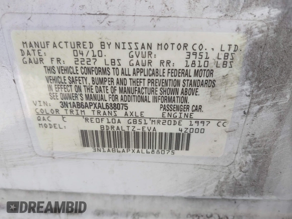 2010 Nissan Sentra SR with VIN 3N1AB6APXAL688075, listed as a IAAI auction lot 41939275 with 134,286 mi miles and . Bid and sale history available at DreamBid. Image 9.