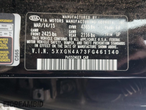 2015 Kia Optima EX with VIN 5XXGN4A73FG461140, listed as a Copart auction lot 45342715 with 167,967 mi miles and Salvage Title. Bid and sale history available at carsss.com. Image 14.