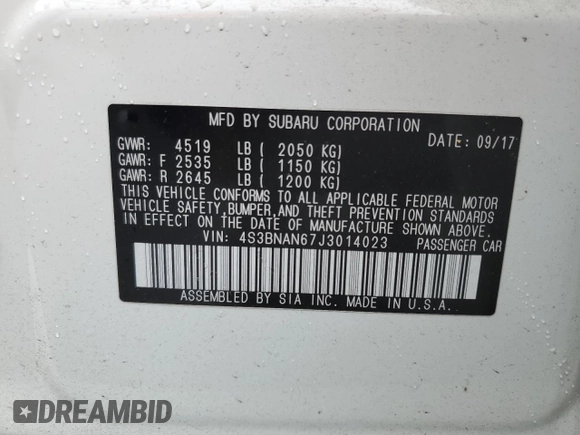 2018 Subaru Legacy Limited with VIN 4S3BNAN67J3014023, listed as a Copart auction lot 48391413 with 47,390 mi miles. Bid and sale history available at carsss.com. Image 13.
