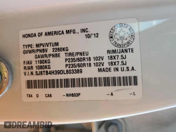 2013 Acura RDX with VIN 5J8TB4H39DL803389, listed as a Copart auction lot 54896915 with 166,630 mi miles and Salvage title. Bid and sale history available at DreamBid. Image 13.