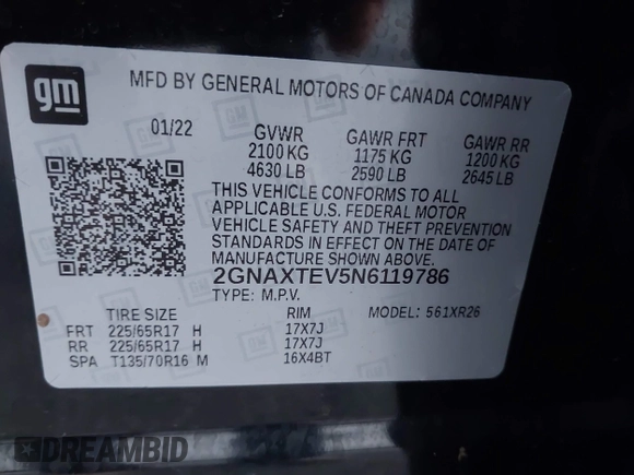 2022 Chevrolet Equinox LT z VIN 2GNAXTEV5N6119786, wystawiony jako IAAI lot #42626991 z przebiegiem 40 277 mil mil oraz . Historia ofert i sprzedaży dostępna na DreamBid. Obrazek 9.