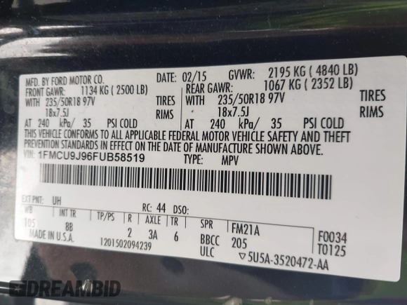 2015 Ford Escape Titanium with VIN 1FMCU9J96FUB58519, listed as a IAAI auction lot 42429369 with 125,541 mi miles and . Bid and sale history available at DreamBid. Image 9.