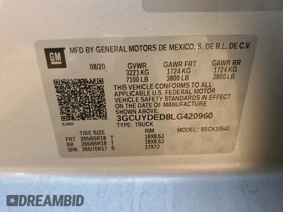 2020 Chevrolet Silverado 1500 LT with VIN 3GCUYDED8LG420960, listed as a Copart auction lot 52071615 with 74,568 mi miles and Salvage Title. Bid and sale history available at DreamBid. Image 12.