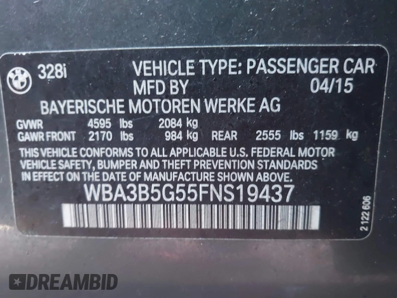 2015 BMW 3 Series 328i xDrive with VIN WBA3B5G55FNS19437, listed as a IAAI auction lot 41765832 with 137,993 mi miles. Bid and sale history available at carsss.com. Image 9.