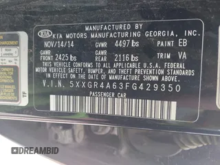 2015 Kia Optima SX Turbo с VIN 5XXGR4A63FG429350, выставлен на аукционе IAAI как лот 42421478 с пробегом 113 506 миль миль и . История ставок и продаж доступна на DreamBid. Изображение 9.