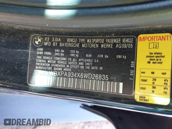 2006 BMW X3 3.0i with VIN WBXPA934X6WD26835, listed as a IAAI auction lot 41872807 with 182,407 mi miles. Bid and sale history available at carsss.com. Image 9.