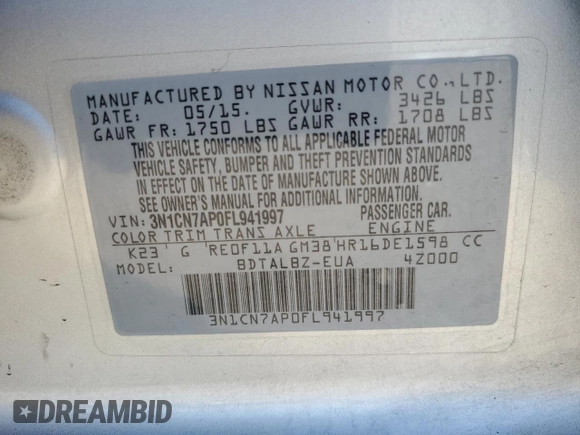 2015 Nissan Versa S Plus with VIN 3N1CN7AP0FL941997, listed as a Copart auction lot 51981365 with 142,372 mi miles and Salvage Title. Bid and sale history available at carsss.com. Image 12.