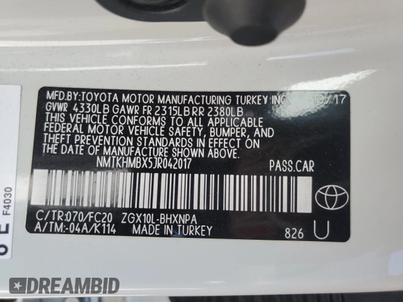 2018 Toyota C-HR XLE with VIN NMTKHMBX5JR042017, listed as a Copart auction lot 57630085 with 36,614 mi miles and Salvage title. Bid and sale history available at DreamBid. Image 13.