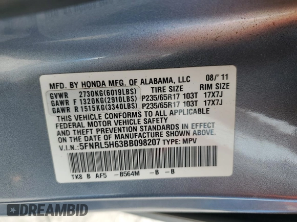 2011 Honda Odyssey EX-L with VIN 5FNRL5H63BB098207, listed as a Copart auction lot 55245875 with 127,197 mi miles and Salvage Title. Bid and sale history available at DreamBid. Image 15.