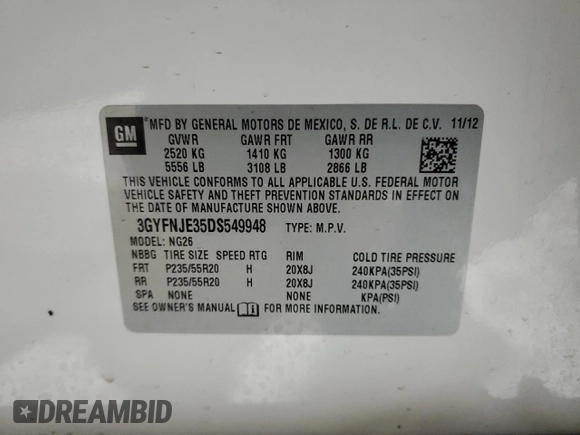 2013 Cadillac SRX Premium Collection с VIN 3GYFNJE35DS549948, выставлен на аукционе Copart как лот 45654295 с пробегом 79 793 миль миль и Чистый • Clean title. История ставок и продаж доступна на DreamBid. Изображение 13.