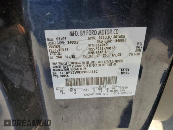 2005 Ford F-150 XL with VIN 1FTRF12W85NB33192, listed as a Copart auction lot 57240225 with 104,331 mi miles and Salvage title. Bid and sale history available at DreamBid. Image 12.