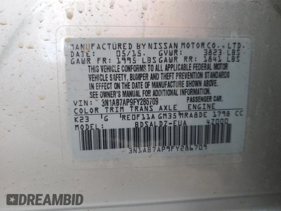 2015 Nissan Sentra SV with VIN 3N1AB7AP9FY286709, listed as a Copart auction lot 41843985 with 85,237 mi miles and Salvage Title. Bid and sale history available at DreamBid. Image 13.