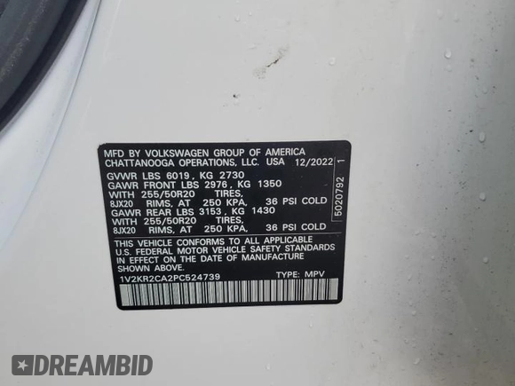 2023 Volkswagen Atlas SE with VIN 1V2KR2CA2PC524739, listed as a Copart auction lot 56976715 with 58,736 mi miles and Salvage title. Bid and sale history available at DreamBid. Image 12.