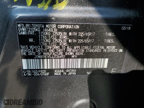 2018 Toyota RAV4 LE with VIN JTMBFREV5JJ736492, listed as a Copart auction lot 63794335 with 97,374 mi miles and Clean title. Bid and sale history available at DreamBid. Image 13.