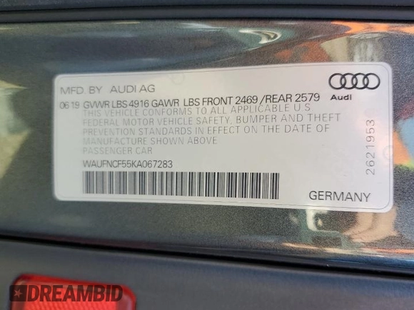 2019 Audi A5 Sportback Prestige with VIN WAUFNCF55KA067283, listed as a Copart auction lot 82046473 with 82,628 mi miles. Bid and sale history available at carsss.com. Image 13.