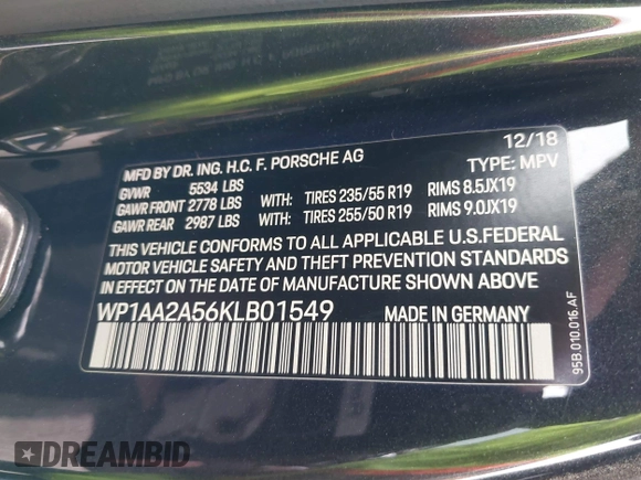 2019 Porsche Macan z VIN WP1AA2A56KLB01549, wystawiony jako IAAI lot #41748026 z przebiegiem 73 566 mil mil oraz . Historia ofert i sprzedaży dostępna na DreamBid. Obrazek 9.