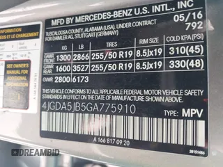 2016 Mercedes-Benz GLE 350 с VIN 4JGDA5JB5GA775910, выставлен на аукционе IAAI как лот 41762737 с пробегом 165 933 миль миль и . История ставок и продаж доступна на DreamBid. Изображение 9.