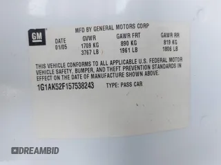 2005 Chevrolet Cobalt with VIN 1G1AK52F157538243, listed as a IAAI auction lot 41885760 with 201,166 mi miles and . Bid and sale history available at DreamBid. Image 9.