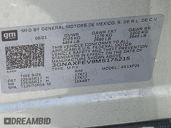 2021 Chevrolet Equinox LS z VIN 3GNAXFEV9MS175215, wystawiony jako IAAI lot #42554213 z przebiegiem 83 171 mil mil oraz . Historia ofert i sprzedaży dostępna na DreamBid. Obrazek 5.