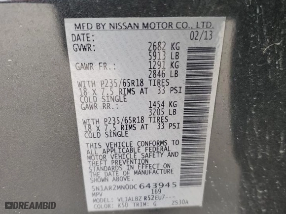 2013 Nissan Pathfinder Platinum with VIN 5N1AR2MN0DC643945, listed as a Copart auction lot 42786165 with 122,653 mi miles and Clean Title. Bid and sale history available at carsss.com. Image 13.