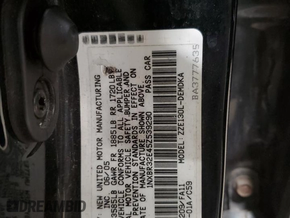 2005 Toyota Corolla CE with VIN 1NXBR32E45Z539290, listed as a Copart auction lot 52151625 with 260,646 mi miles and Clean title. Bid and sale history available at DreamBid. Image 12.