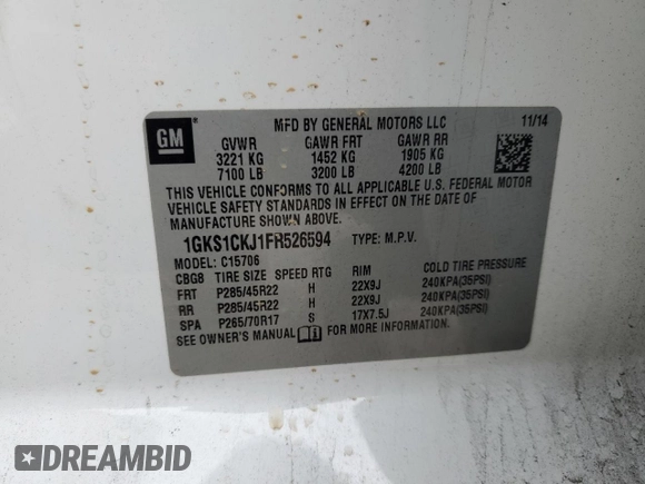2015 GMC Yukon Denali with VIN 1GKS1CKJ1FR526594, listed as a Copart auction lot 46524205 with 99,095 mi miles and Salvage Title. Bid and sale history available at carsss.com. Image 15.