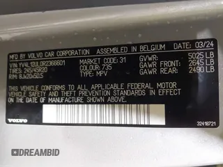 2024 Volvo XC40 Plus Dark Theme с VIN YV4L12UL0R2366601, выставлен на аукционе IAAI как лот 42206699 с пробегом 14 701 миль миль и . История ставок и продаж доступна на DreamBid. Изображение 9.